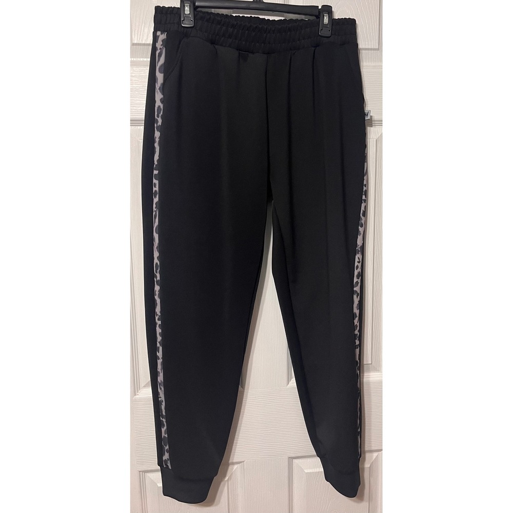 Nicole Miller Sport Womens XL Joggers Black Leopard Side Stripe Track Pants